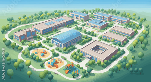 Campus aerial view illustration with buildings and playground for education concept