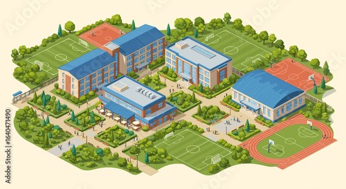 Isometric school campus illustration shows learning buildings and sports grounds for education concepts