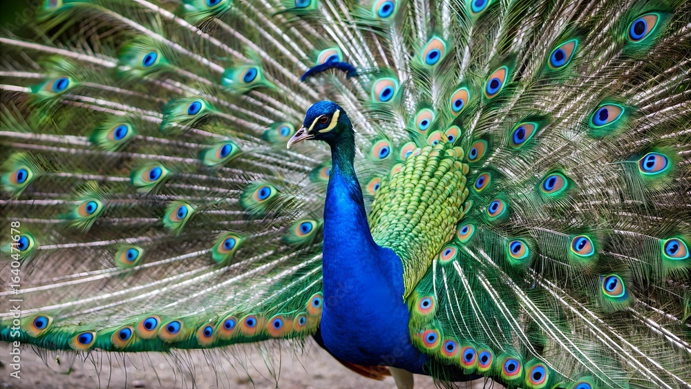 Obraz premium Close-up of Beautiful Peacock Displaying Colorful Feathers