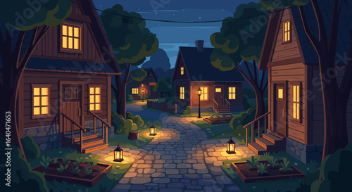Enchanting village scene at night with cozy houses and lantern lit cobblestone path creating a peaceful mood