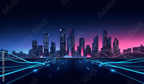 A city skyline at night with blue and pink lights.