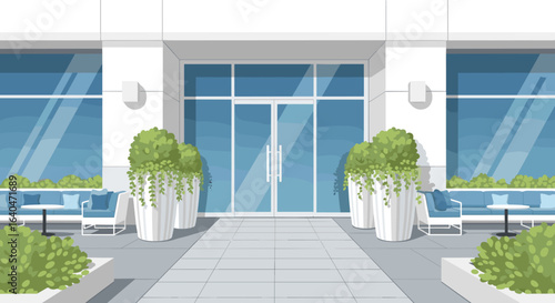 Modern building exterior with stylish outdoor seating, perfect for upscale businesses or luxury apartments