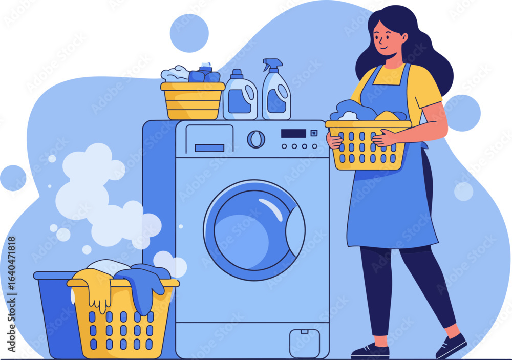 A woman is shown removing a laundry basket full of clothes from a washing machine.
