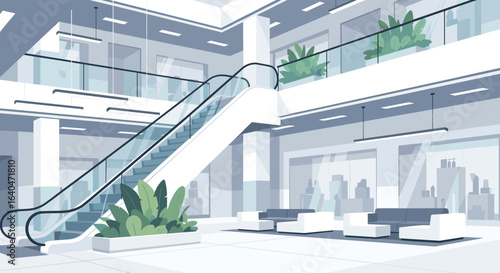 Sleek modern interior with escalator and inviting lounge area, perfect for corporate designs or retail spaces