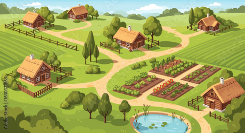 Quaint countryside village scene with charming cottages and lush gardens, peaceful rural living