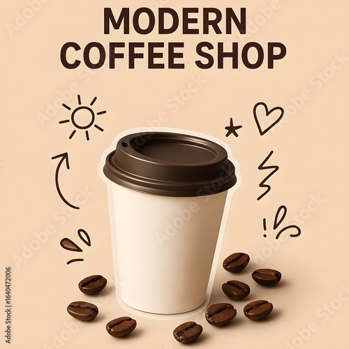 Modern takeaway coffee cup with roasted beans on beige background