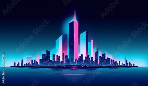 A city skyline at night with a reflection in the water.