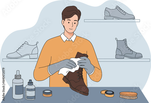 A cartoon illustration of a man polishing a brown leather boot.