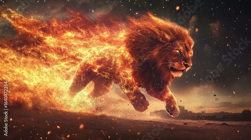 A fierce lion runs through flames, embodying power and intensity in a dramatic, fiery landscape.