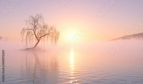 A lone tree in the middle of a foggy lake.
