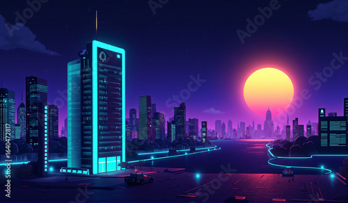 A futuristic city at night with a full moon in the background.