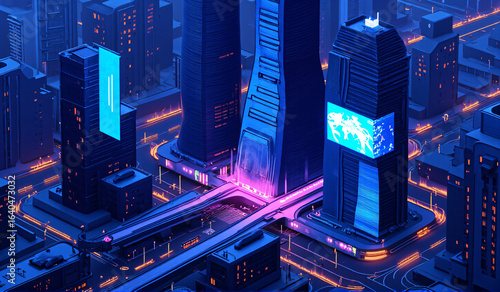 An aerial view of a city at night.