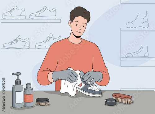 A cartoon illustration of a man polishing a sneaker in shoes cleaning.