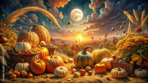 Mystical autumn harvest: surreal fields, dreamlike crops, abundant bounty.