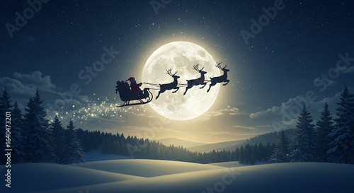 Santa Claus with reindeer Flying Across Full Moon Night Scene