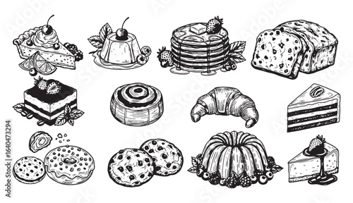 Delicious hand-drawn desserts and pastries illustration for cafe menus and design projects