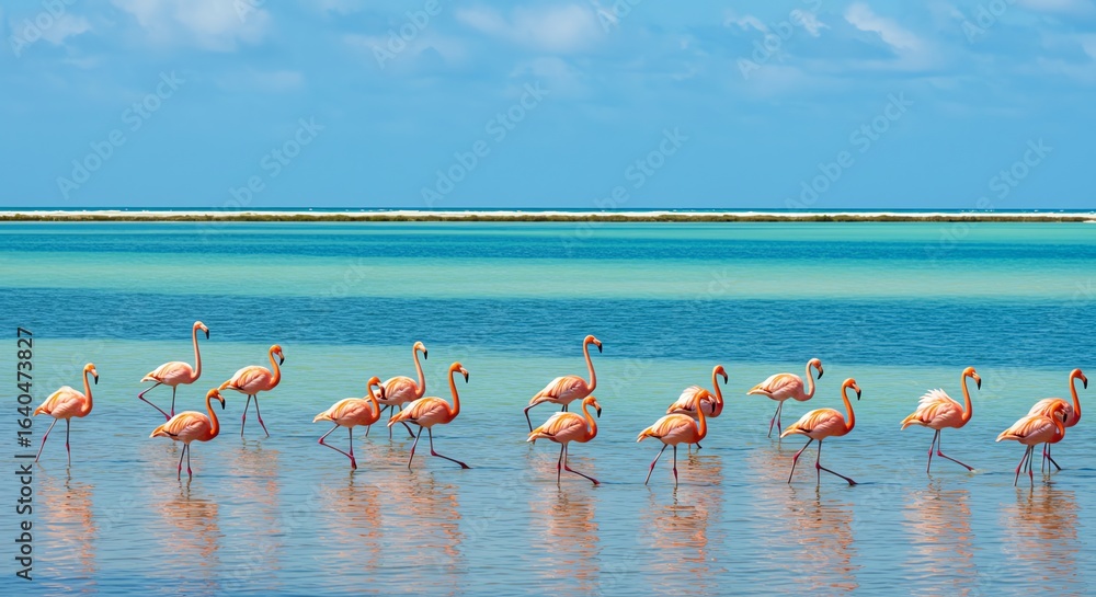 Naklejka premium Group of Pink Flamingos Standing in Shallow Lagoon with Blue Sky and Calm Water