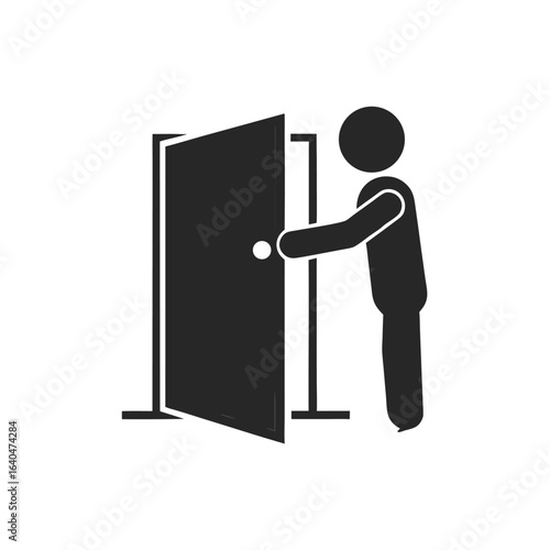 Isolated pictogram man open door with door handle, template design for safety do not enter, exit, way out, direction, indoor sign, open close door
