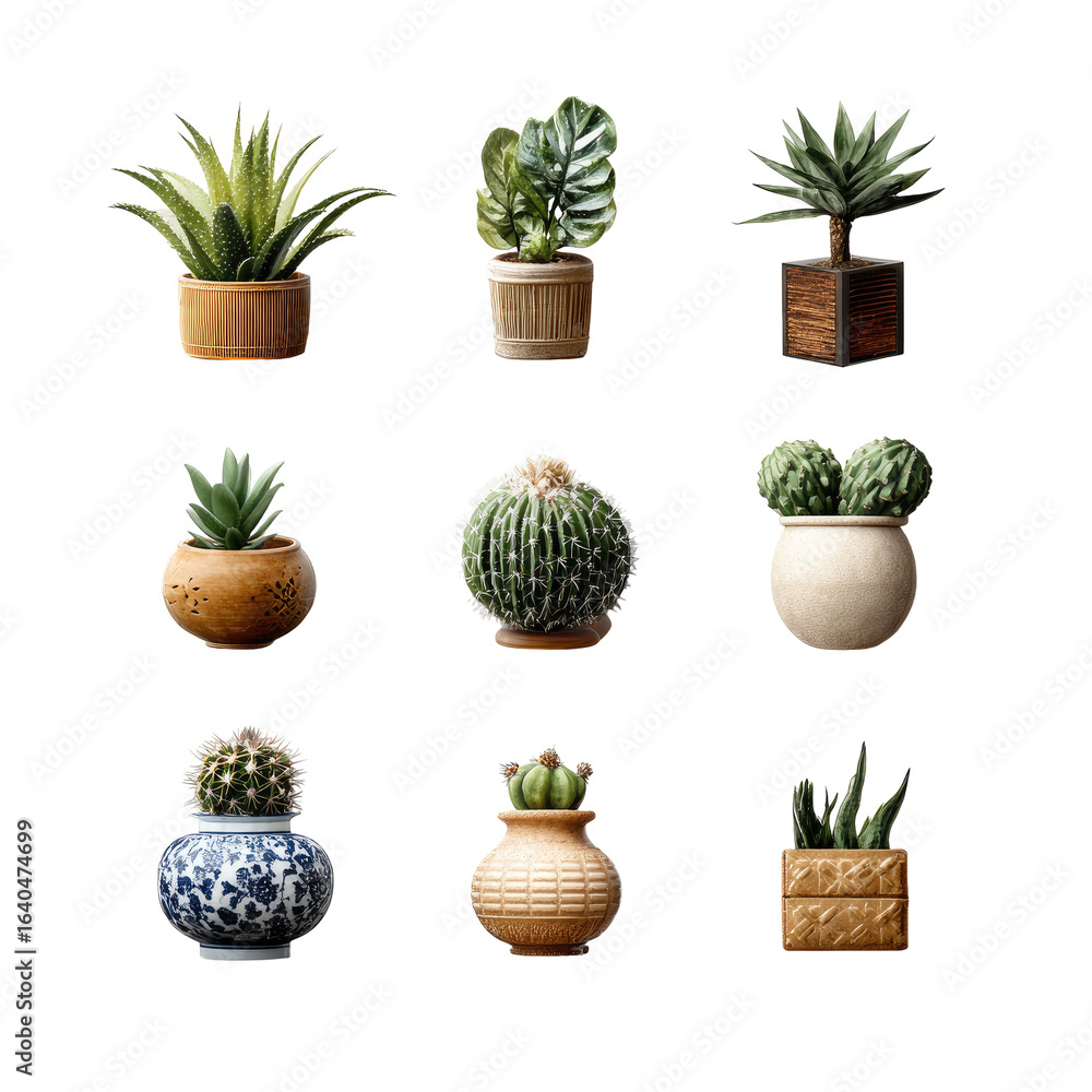 Fototapeta premium Nine potted succulents and cacti in various styles