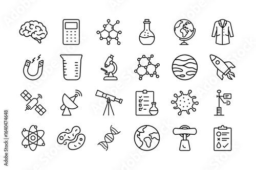 Science Vector Icon Set. Brain, molecule, flask, earth, magnet, satellite, microscope, rocket, virus, DNA, weather, and more. Editable stroke. Vector illustration.