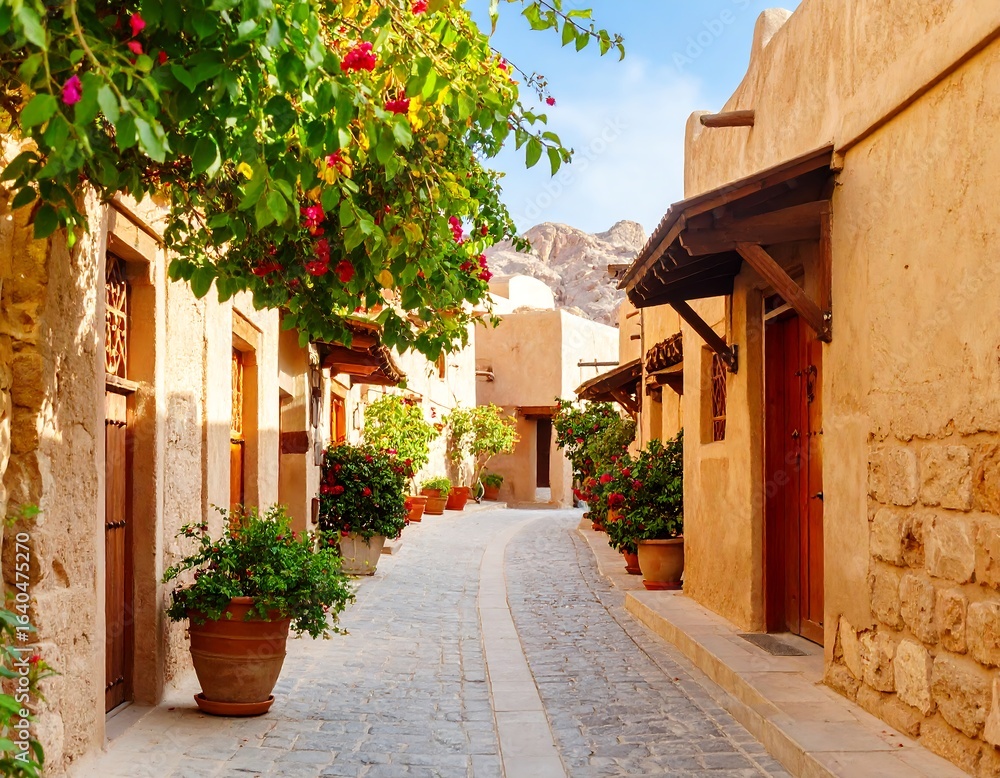 Obraz premium Serene pathway winds through the historic district with aged architecture