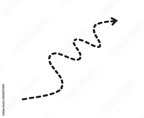 The black dashed arrow with winding path points to the upper right corner