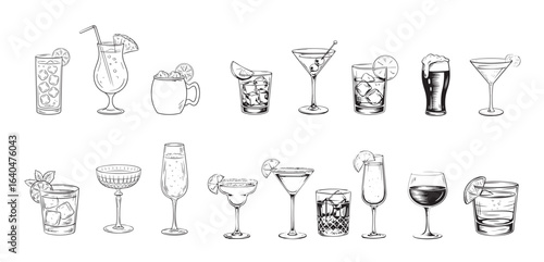 Several classic alcoholic drinks are displayed against a transparent background with sketched black and white style
