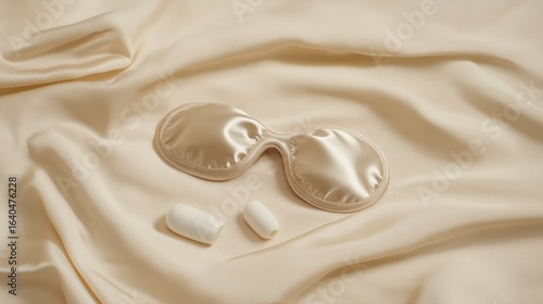 A soft satin sleep mask rests on a beige fabric, accompanied by earplugs, suggesting a serene atmosphere for relaxation and rest.