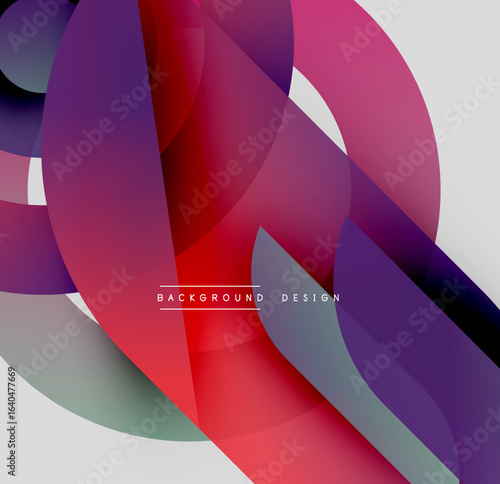 Abstract shapes overlap, creating vibrant color gradients. Modern design utilizes purple, red, white hues. Minimalist composition.