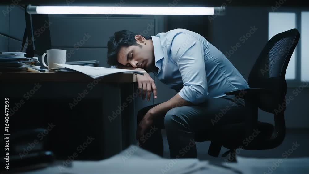 Tired person asleep at office desk. Generic shirt and generic pants. Dim office environment with papers and mug. Tired person asleep at office desk. Generic shirt and generic pants. Dim office environment with papers and mug.