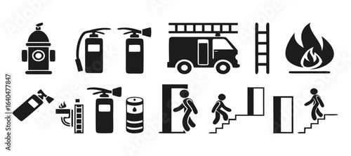 Isolated bundle Firefighting icons: hose, hydrant, flame, exit, emergency, symbolizing safety, rescue, fire department equipment, and alerts
