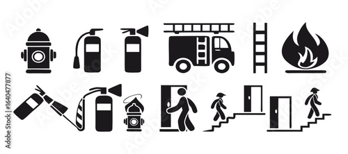 Isolated bundle Firefighting icons: hose, hydrant, flame, exit, emergency, symbolizing safety, rescue, fire department equipment, and alerts
