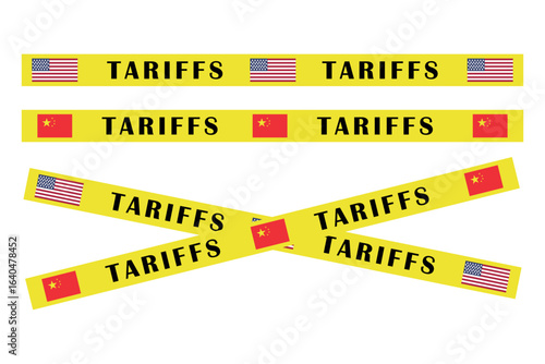 Yellow ribbons display the word tariffs alongside American and Chinese flags against a white background