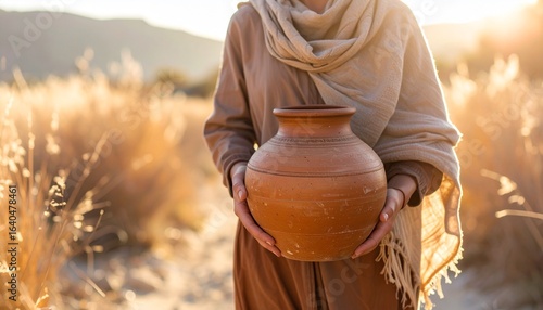 A person in historical robes carries a large clay water pot through a golden field at sunset.