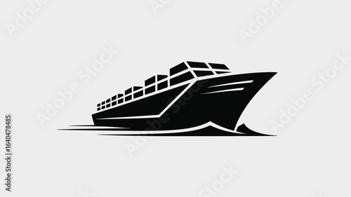 Bold black cargo ship silhouette glides through stylized waves, symbolizing global trade, logistics, and powerful maritime transport for modern business needs