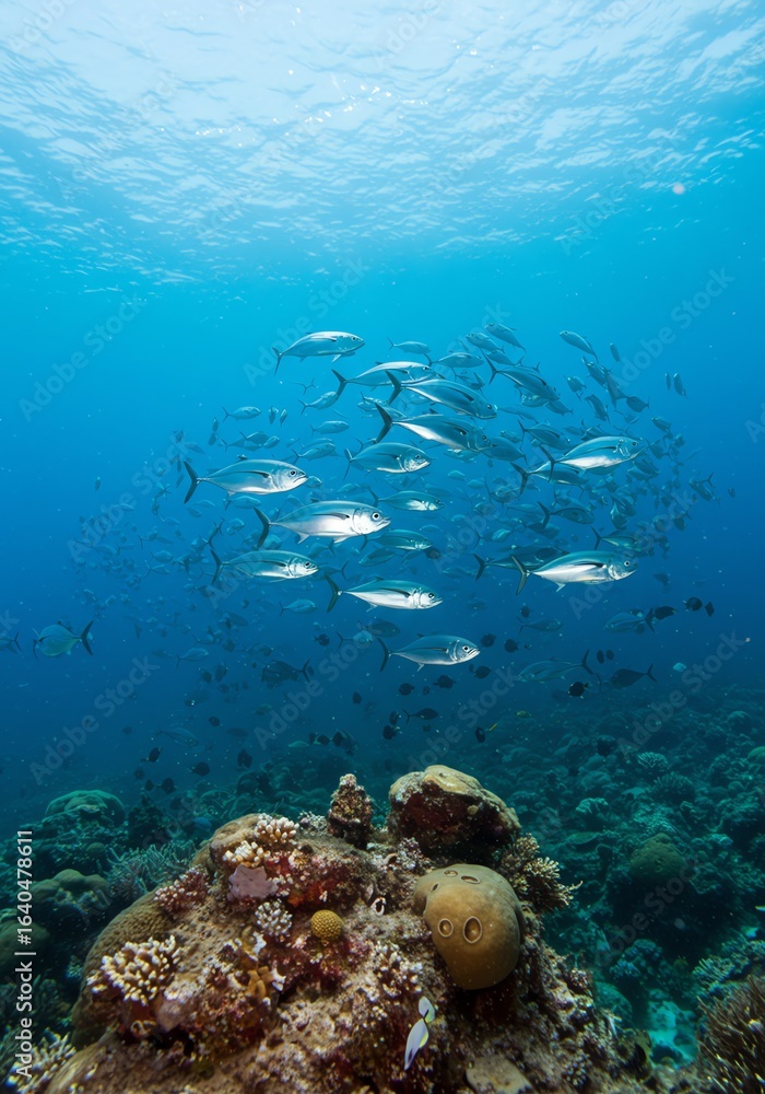 Obraz premium School of Silver Fish Swimming Above Colorful Coral Reef in Clear Ocean Water