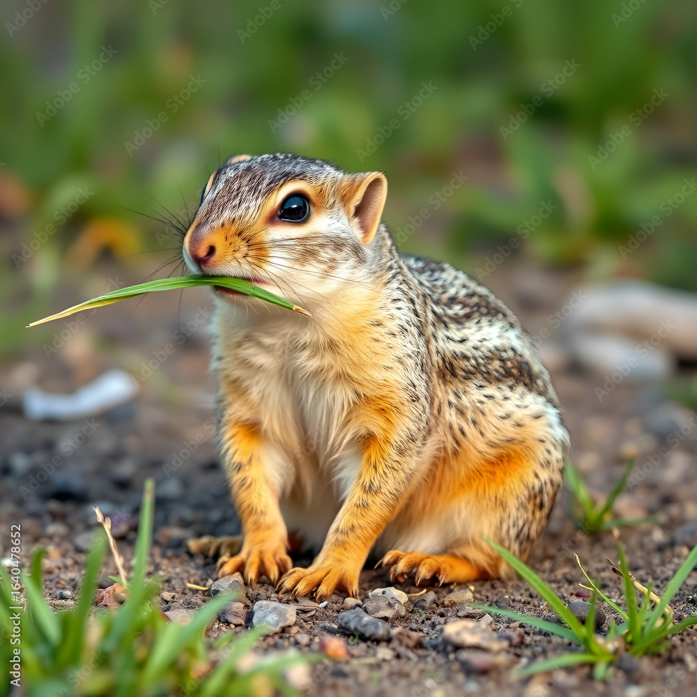 Speckled ground squirrel with a blade of grass in his mouth sitting on the ground Speckled ground squirrel with a blade of grass in his mouth sitting on the ground