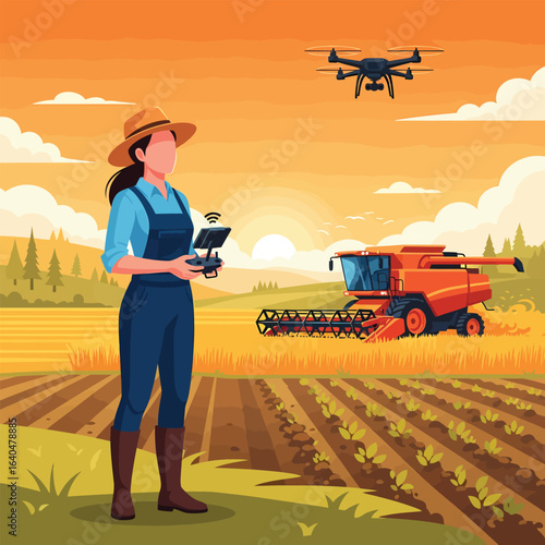 Farmer controlling drone and combine harvester in a field at sunset.
