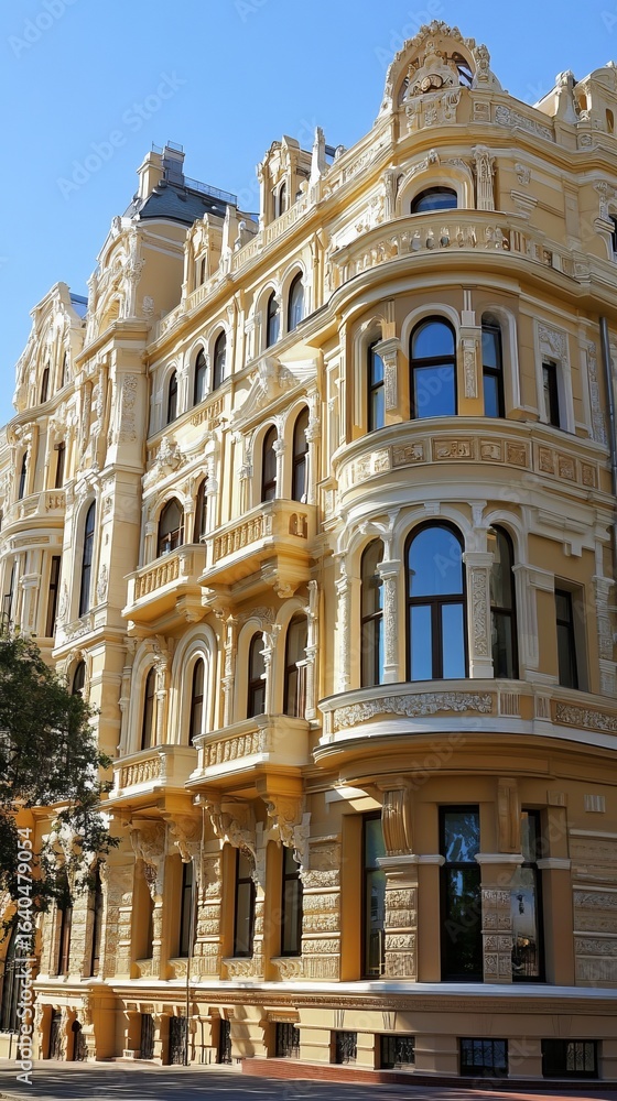 Obraz premium Ornate, light yellow building with decorative architecture and balconies
