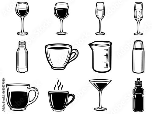 A vector set of various drinkware and beverage container line art icon graphics.