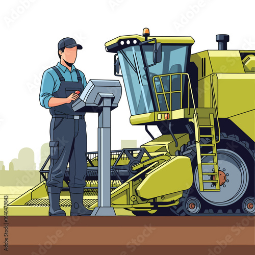 Farmer operating a modern combine harvester in a field.