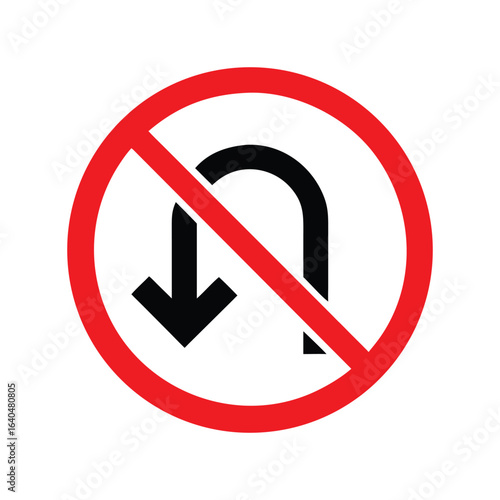 Flat bold vector icon of a No U-Turn red traffic sign on white background, ideal for driving and urban planning projects. No Entry sign silhouette vector icon illustration clip art on white background