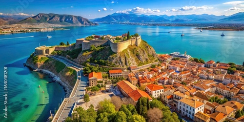 Nafplio's Palamidi Fortress, a breathtaking aerial panorama revealing Greece's coastal beauty.