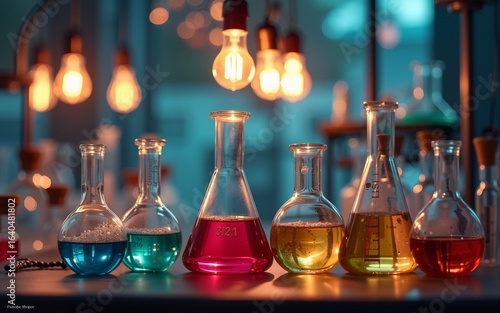 A colorful laboratory scene showcases various glassware and beakers filled with liquids, illuminated by hanging light bulbs. The year 1921 is prominently displayed, emphasizing the historical context.