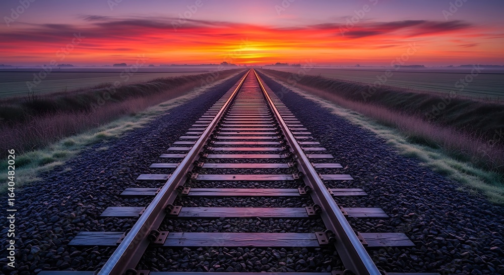 Fototapeta premium A dramatic sunset paints the sky with vibrant hues of orange, pink, and purple over a long, straight railway track stretching into the distance.