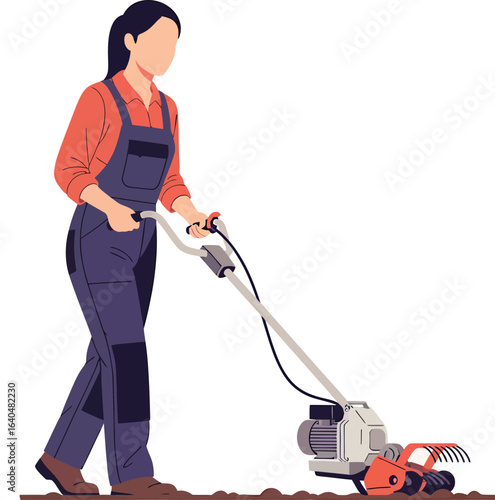 Woman operating a tiller machine in a garden.