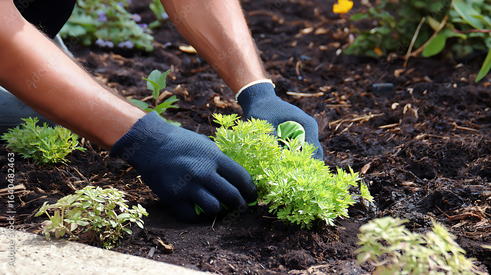Fototapeta premium Gardener's Hands Preparing Soil in Vegetable Garden for Planting with Gardening Gloves and Tools: A Journey into Organic Horticulture and Sustainable Agriculture