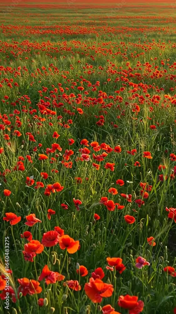 Vibrant poppy field under a golden sunset sky Vibrant poppy field under a golden sunset sky