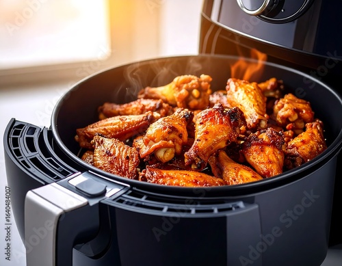 Air fryer basket overflowing with golden-brown, glistening chicken wings; steam rises