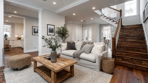 Farmhouse home interior design of modern living room with wooden staircase.